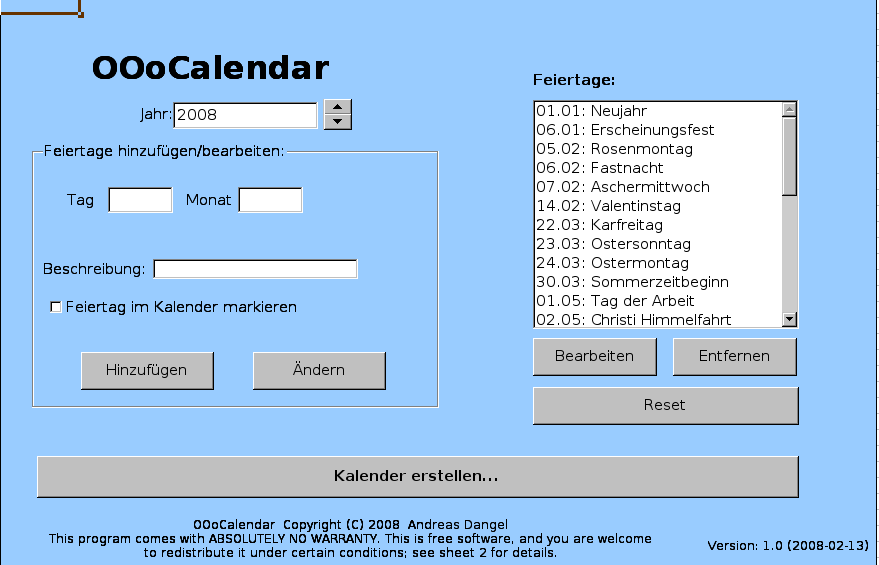 Screenshot von OOoCalendar